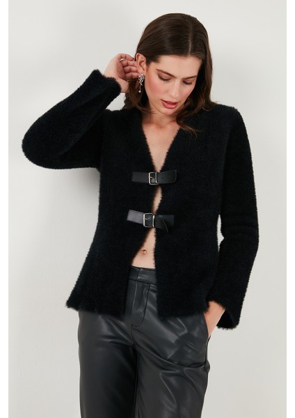 Premium Regular Fit V Yaka Çift Kemerli Peluş Hırka Bayan Hırka 680HI00112 modelleri