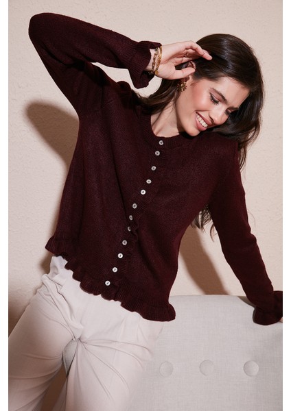 Premium Pile Detaylı Regular Fit Yuvarlak Yaka Triko Hırka Bayan Hırka 680HI00038