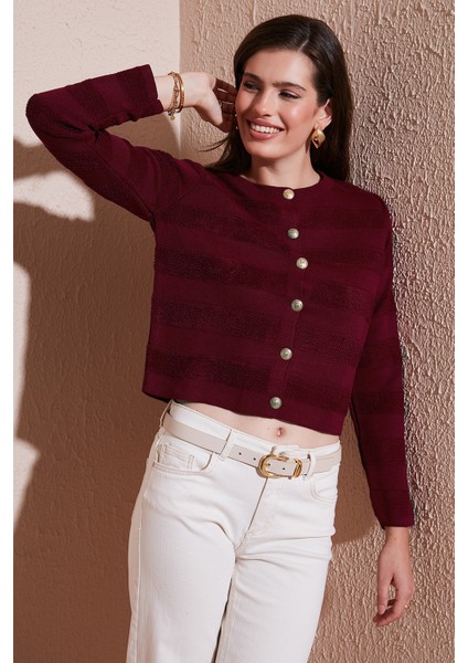 Premium Regular Fit Bisiklet Yaka Düğmeli Dokulu Triko Hırka Bayan Hırka 680HI00337