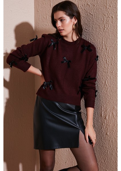 Premium Regular Fit Bisiklet Yaka Fiyonk Detaylı Triko Kazak Bayan Kazak 680KZ00155