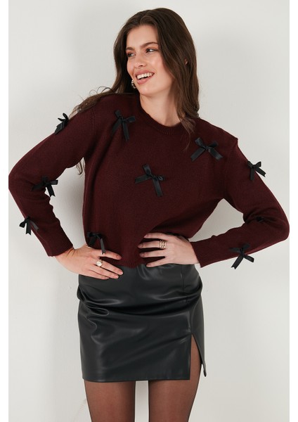 Premium Regular Fit Bisiklet Yaka Fiyonk Detaylı Triko Kazak Bayan Kazak 680KZ00155