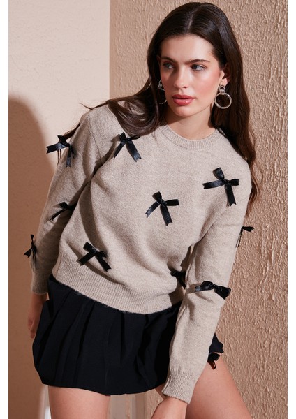 Premium Regular Fit Bisiklet Yaka Fiyonk Detaylı Triko Kazak Bayan Kazak 680KZ00155 fiyatları