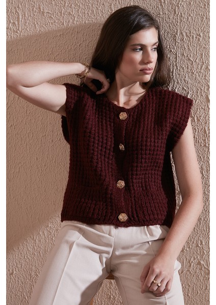 Premium Oversize Fit Bisiklet Yaka Düğmeli Örgü Yelek Bayan Yelek 680YL1416