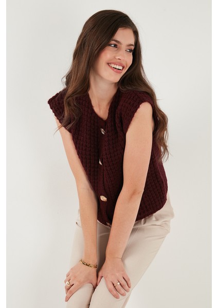 Premium Oversize Fit Bisiklet Yaka Düğmeli Örgü Yelek Bayan Yelek 680YL1416 fırsatları