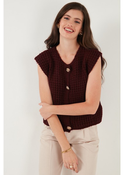 Premium Oversize Fit Bisiklet Yaka Düğmeli Örgü Yelek Bayan Yelek 680YL1416 indirimleri