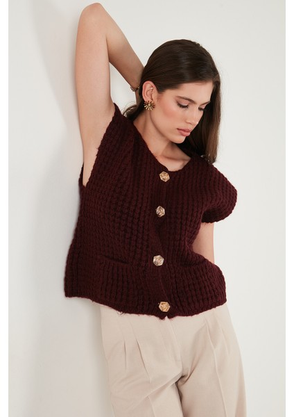 Premium Oversize Fit Bisiklet Yaka Düğmeli Örgü Yelek Bayan Yelek 680YL1416