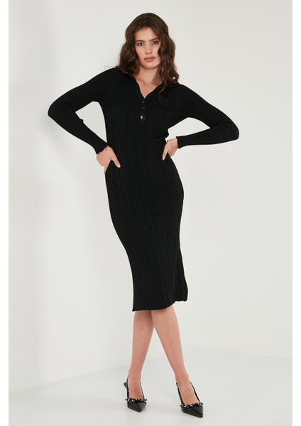 Premium Fitilli V Yaka Slim Fit Midi Boy Triko Elbise Bayan Elbise 680EL00282 fiyatları