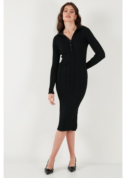 Premium Fitilli V Yaka Slim Fit Midi Boy Triko Elbise Bayan Elbise 680EL00282 indirimleri