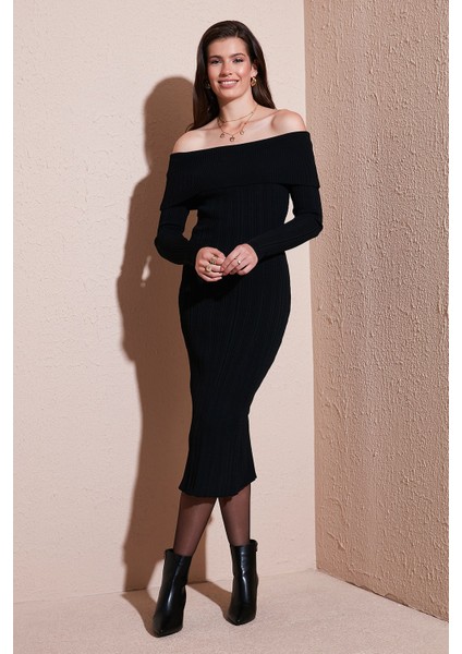 Premium Fitilli Carmen Yaka Slim Fit Midi Boy Triko Elbise Bayan Elbise 680EL00033