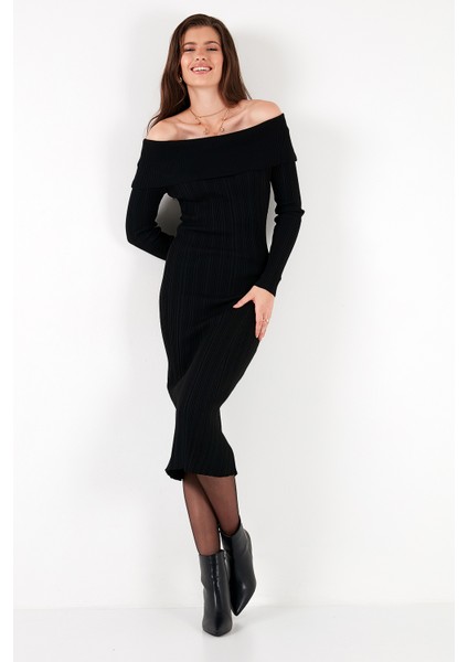 Premium Fitilli Carmen Yaka Slim Fit Midi Boy Triko Elbise Bayan Elbise 680EL00033 fiyatları