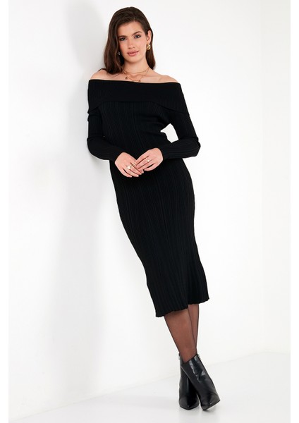 Premium Fitilli Carmen Yaka Slim Fit Midi Boy Triko Elbise Bayan Elbise 680EL00033 modelleri