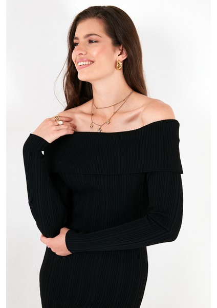 Premium Fitilli Carmen Yaka Slim Fit Midi Boy Triko Elbise Bayan Elbise 680EL00033 fırsatları