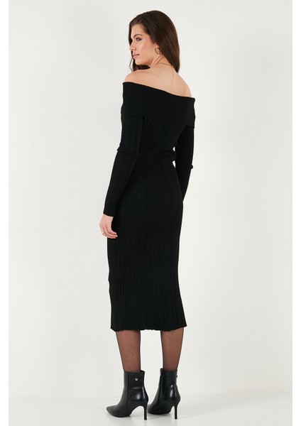 Premium Fitilli Carmen Yaka Slim Fit Midi Boy Triko Elbise Bayan Elbise 680EL00033