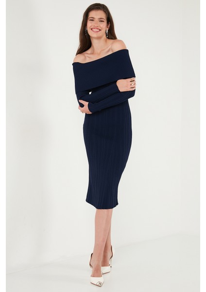 Premium Fitilli Carmen Yaka Slim Fit Midi Boy Triko Elbise Bayan Elbise 680EL00033 fırsatları