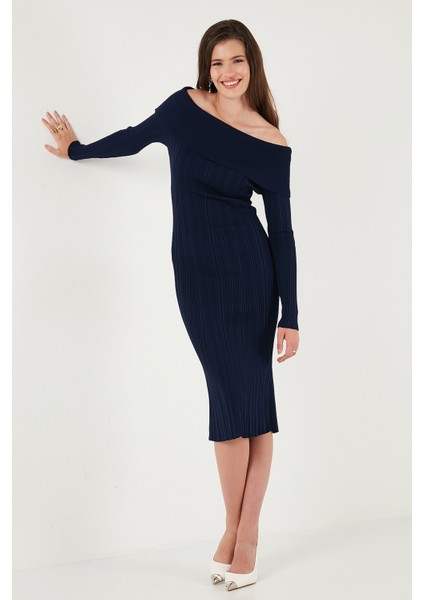 Premium Fitilli Carmen Yaka Slim Fit Midi Boy Triko Elbise Bayan Elbise 680EL00033