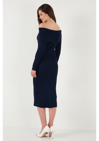 Premium Fitilli Carmen Yaka Slim Fit Midi Boy Triko Elbise Bayan Elbise 680EL00033