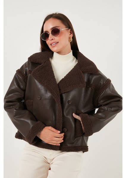 Oversize Kruvaze Yaka Peluş Detaylı Suni Deri Biker Ceket Mont Bayan Mont 6810247