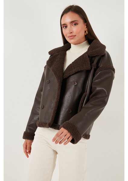 Oversize Kruvaze Yaka Peluş Detaylı Suni Deri Biker Ceket Mont Bayan Mont 6810247 indirimleri