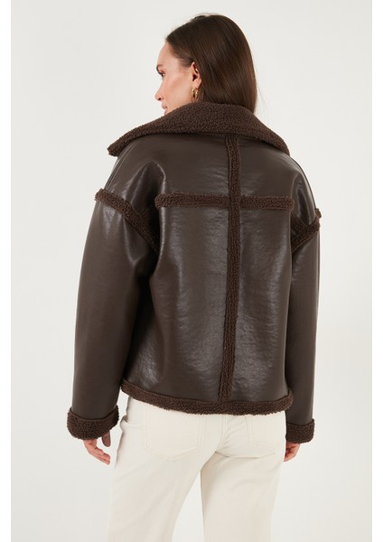 Oversize Kruvaze Yaka Peluş Detaylı Suni Deri Biker Ceket Mont Bayan Mont 6810247