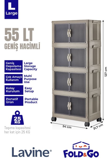 Lavine Fold&go 4'lü Portatif Organizer Tekerlekli Dolap Çok Amaçlı Kapaklı Katlanır ”Toprak”
