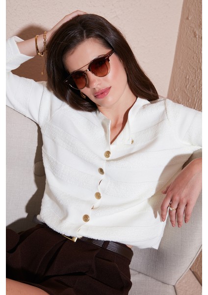 Premium Regular Fit Bisiklet Yaka Düğmeli Dokulu Triko Hırka Bayan Hırka 680HI00337