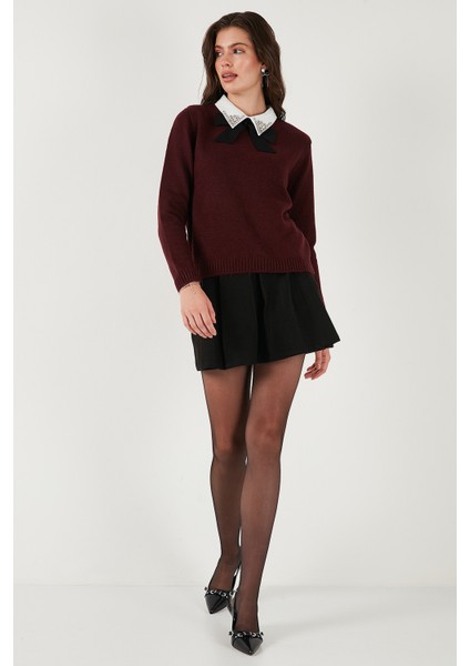 Premium Regular Fit Gömlek Yaka Yumuşak Dokulu Fiyonk Detaylı Taşlı Kazak Bayan Kazak 680KZ00035 modelleri