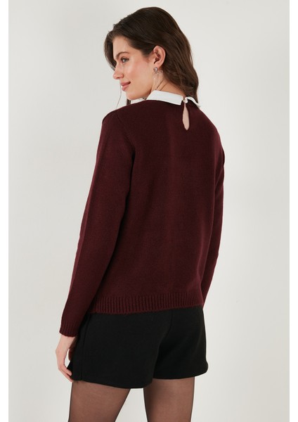 Premium Regular Fit Gömlek Yaka Yumuşak Dokulu Fiyonk Detaylı Taşlı Kazak Bayan Kazak 680KZ00035