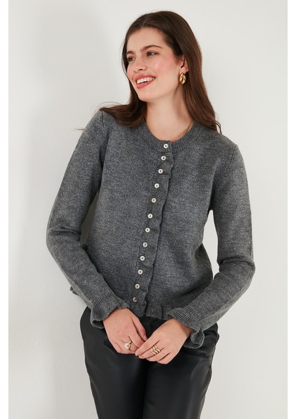 Premium Pile Detaylı Regular Fit Yuvarlak Yaka Triko Hırka Bayan Hırka 680HI00038