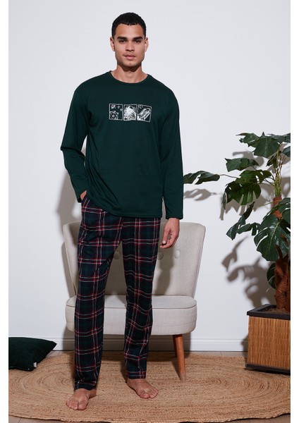 Ekoseli Pamuklu Regular Fit Yükske Bel Bisiklet Yaka Pijama Takımı Erkek Pijama Takımı 6574000