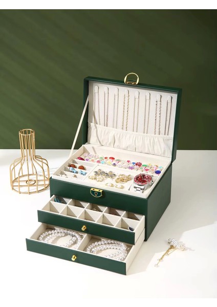 Dışı Deri Içi Kadife Kilitli 2 Çekmeceli Takı Bijuteri Mücevher Kutusu Organizer Düzenleyici Yeşil Ithal Ürün
