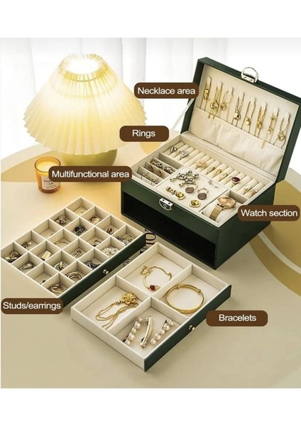 Dışı Deri Içi Kadife Kilitli 2 Çekmeceli Takı Bijuteri Mücevher Kutusu Organizer Düzenleyici Yeşil Ithal Ürün modelleri