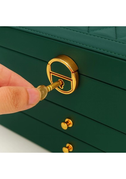 Dışı Deri Içi Kadife Kilitli 2 Çekmeceli Takı Bijuteri Mücevher Kutusu Organizer Düzenleyici Yeşil Ithal Ürün fırsatları