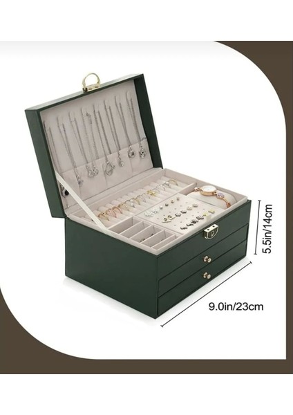 Dışı Deri Içi Kadife Kilitli 2 Çekmeceli Takı Bijuteri Mücevher Kutusu Organizer Düzenleyici Yeşil Ithal Ürün indirimleri