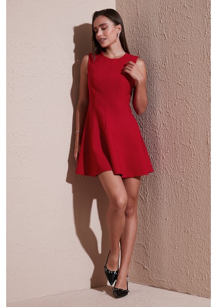 Regular Fit Bisiklet Yaka Volanlı Mini Boy Elbise Bayan Elbise 6525647