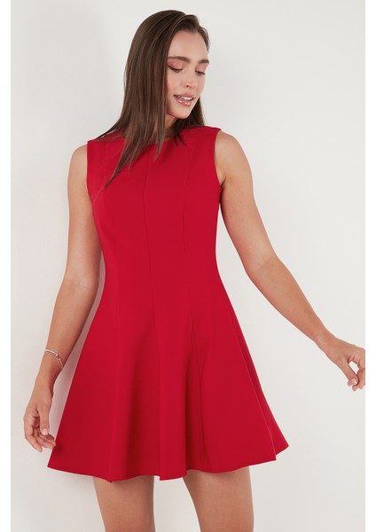 Regular Fit Bisiklet Yaka Volanlı Mini Boy Elbise Bayan Elbise 6525647 fırsatları
