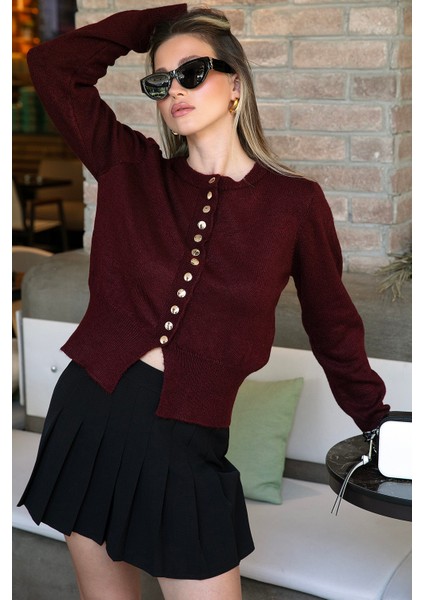 Premium Comfort Fit Yuvarlak Yaka Crop Triko Hırka Bayan Hırka 680HI00164