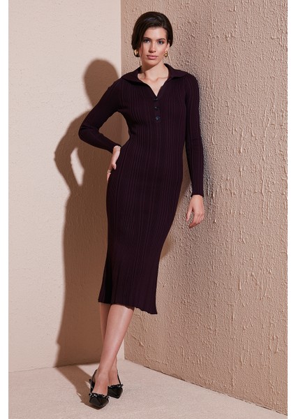 Premium Fitilli V Yaka Slim Fit Midi Boy Triko Elbise Bayan Elbise 680EL00282