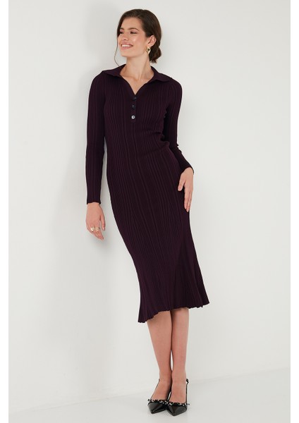 Premium Fitilli V Yaka Slim Fit Midi Boy Triko Elbise Bayan Elbise 680EL00282 indirimleri