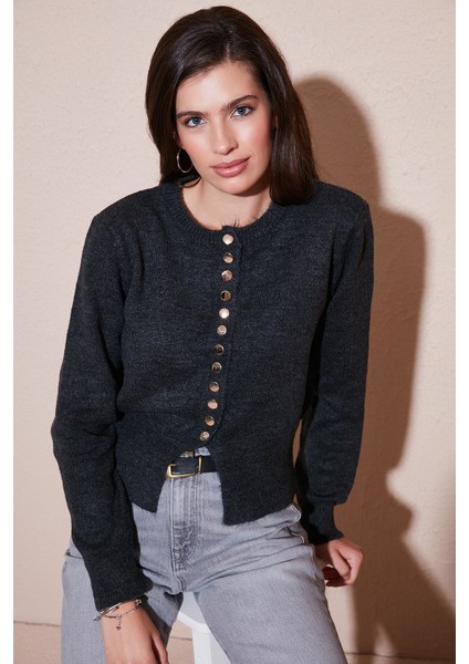 Premium Comfort Fit Yuvarlak Yaka Crop Triko Hırka Bayan Hırka 680HI00164