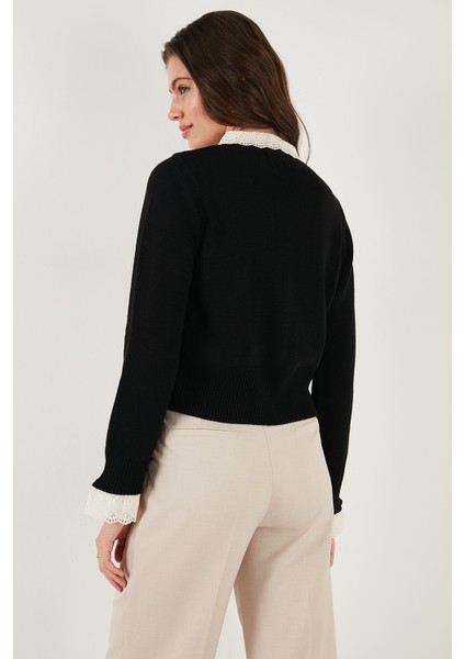 Premium Dantelli Bağlamalı Yaka Regular Fit Düğmeli Triko Hırka Bayan Hırka 680HI00251