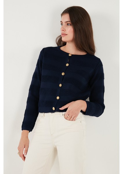 Premium Regular Fit Bisiklet Yaka Düğmeli Dokulu Triko Hırka Bayan Hırka 680HI00337