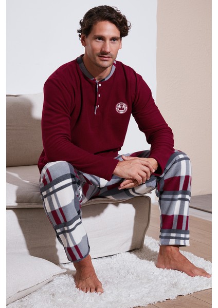 Ekoseli Regular Fit Düğmeli Bisiklet Yaka Kışlık Polar Pijama Takımı Erkek Pijama Takımı 60961008