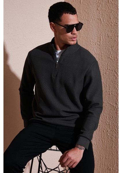 Pamuklu Regular Fit Yarım Fermuarlı Dik Yaka Sweat Erkek Sweat 5905716