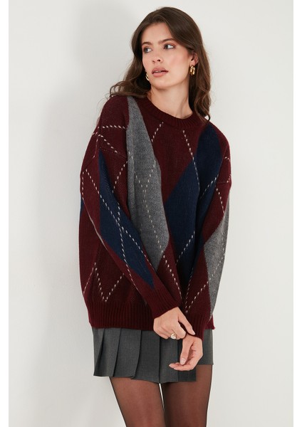 Oversize Fit Bisiklet Yaka Baklava Desenli Kazak Bayan Kazak 4615578 indirimleri