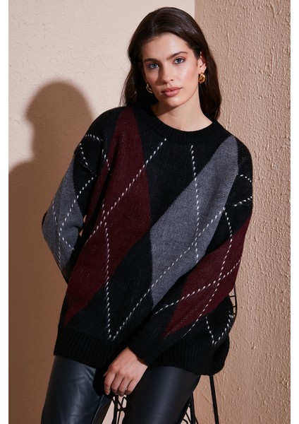 Oversize Fit Bisiklet Yaka Baklava Desenli Kazak Bayan Kazak 4615578