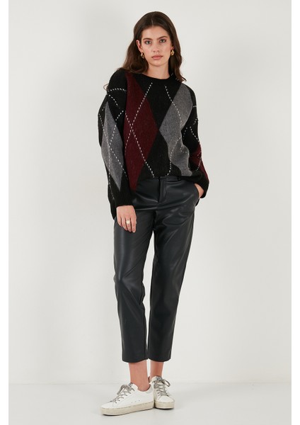 Oversize Fit Bisiklet Yaka Baklava Desenli Kazak Bayan Kazak 4615578 modelleri