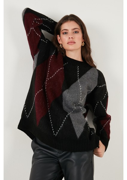 Oversize Fit Bisiklet Yaka Baklava Desenli Kazak Bayan Kazak 4615578 fırsatları