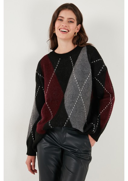 Oversize Fit Bisiklet Yaka Baklava Desenli Kazak Bayan Kazak 4615578