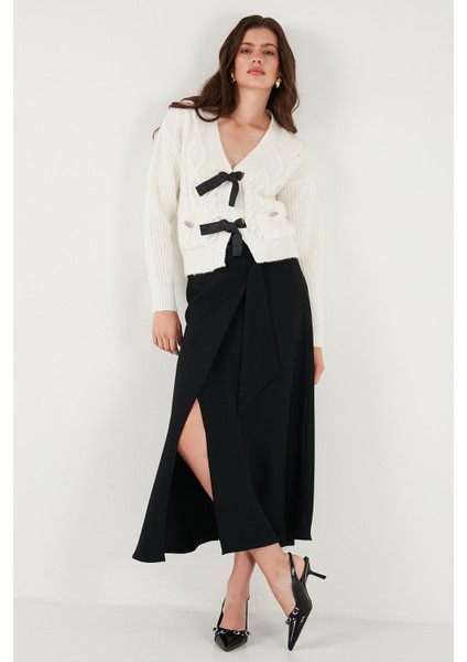 Premium Regular Fit V Yaka Fiyonk Bağlama Detaylı Örgü Desenli Triko Hırka Bayan Hırka 680KZ1947 modelleri