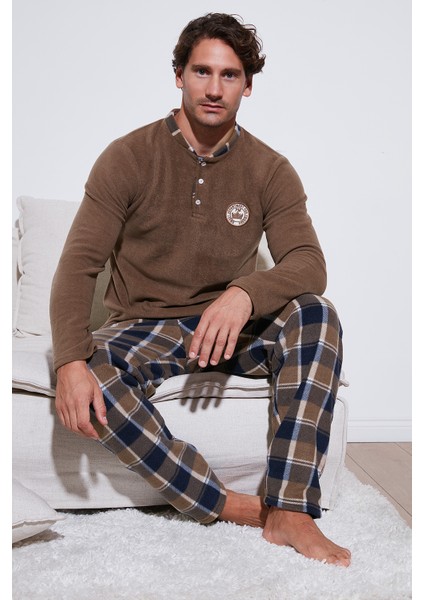 Ekoseli Regular Fit Düğmeli Bisiklet Yaka Kışlık Polar Pijama Takımı Erkek Pijama Takımı 60961008